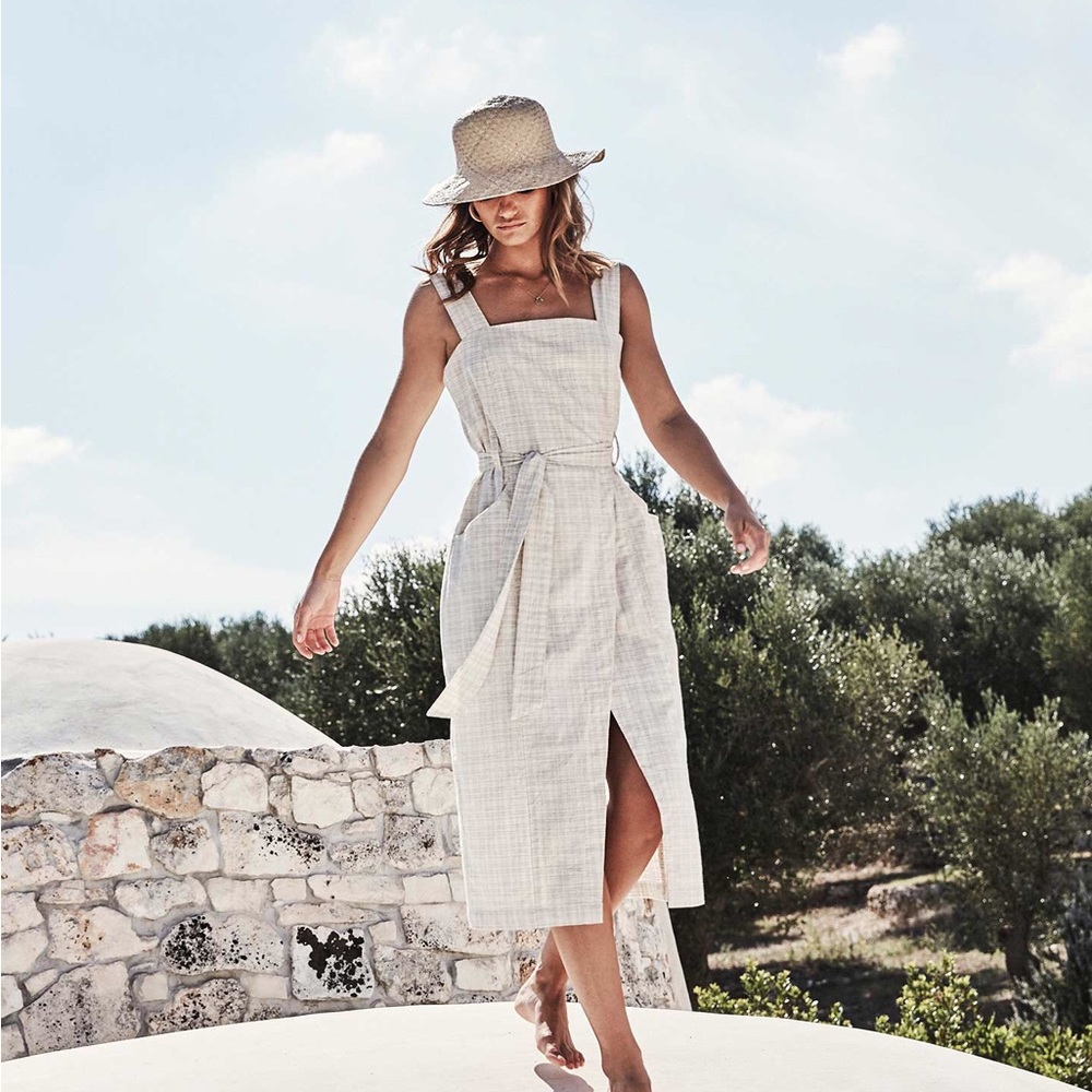 Rowie the Label Linen Midi Dress in Natural Stripe